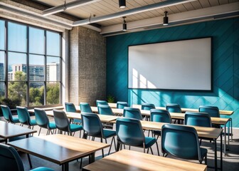 A vacant university classroom features a sleek, modern poster frame with an empty space, awaiting inspiration or content