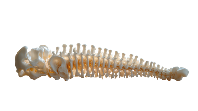 Lumbar spine model illustrating herniated disc and spinal nerves, PNG, isolated on transparent background.