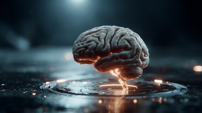 Intricate human brain illuminated with glowing energy, symbolizing knowledge, innovation, and advanced neural networks in a futuristic setting.
