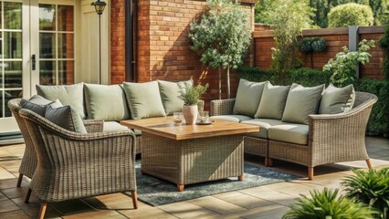 Obraz premium Classic rattan garden furniture adds a touch of elegance to a quaint London backyard