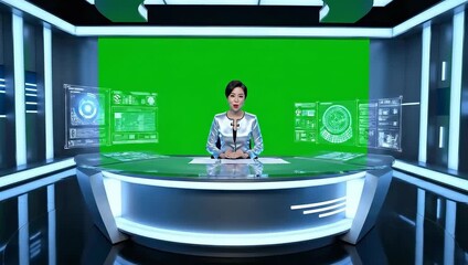 News Anchor Speaks In Futuristic Studio With Green Screen And Holographic Displays - Powered by Adobe