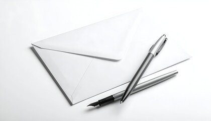 A closed white envelope and silver pen lay on a bright white surface