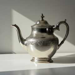 Silver teapot gleams on white surface