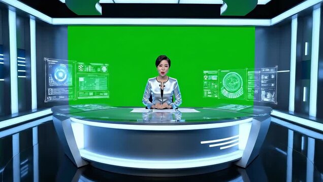 News Anchor Speaks In Futuristic Studio With Green Screen And Holographic Displays