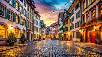 Fototapeta premium Historic Basels cobblestone street lined with colorful buildings and twinkling lights is bathed in warm autumn glow