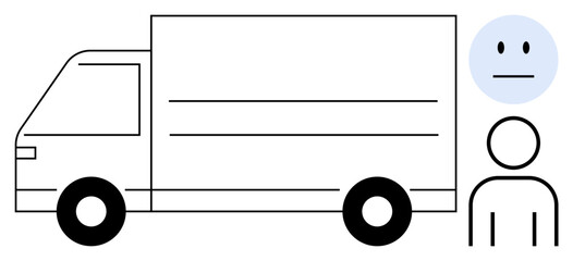 Delivery truck in profile next to neutral face symbol and stick figure. Ideal for logistics, transport, shipping, decision-making, delivery service, customer reaction, simple flat metaphor