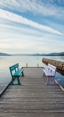 Fototapeta premium Benches rest on dock overlooking tranquil bay
