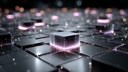Futuristic glowing abstract cubes in digital network grid with vibrant neon light, representing innovation and data flow for technology concepts