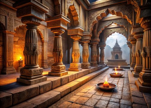 Serene tranquility reigns within ancient stone walls of a sacred Indian ashram