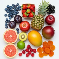 Fresh fruit abundance on white surface