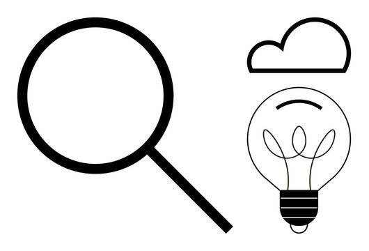 Magnifying glass, light bulb, and cloud emphasize ideas, innovation, research, cloud computing, problem-solving, creativity and exploration. Ideal for technology brainstorming discovery