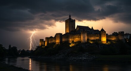 Fototapeta premium withstands lightning at riverside during twilight