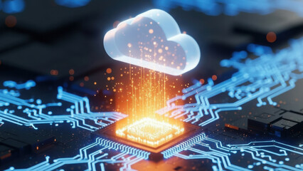 Cloud computing data transfer to processor on glowing circuit board, digital technology concept.