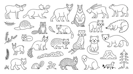 Woodland wildlife line art collection featuring moose, bear, rabbit and other animals