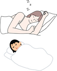 Two women sleeping calmly in bed with pillow and blanket in a peaceful rest scene.