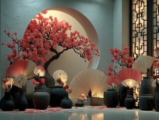 Elegant New Chinese Style Product Display with Gray Blue Textured Wall, Red Dandelion Decor and Pink Fan, Serene Atmosphere Ultra HD 8K Render