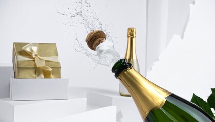 Champagne Bottle Opening with Splash and Gift Box in Background