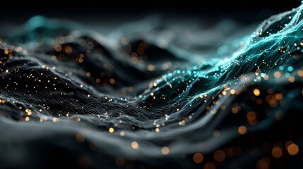 Dynamic digital waves glow with vibrant energy, representing data flow and complex network connections in a modern, abstract landscape.