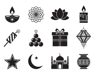 Diwali Icons Collection. Diwali Icons silhouette icon set: diya lamp, rangoli, lotus flower, candle, firecracker, sweets, gift box, lantern, star, moon, temple, oil pot.