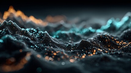 Dynamic abstract digital landscape with glowing particles, representing data flow and technological innovation