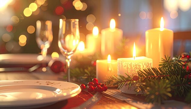 Festive Table Setting with Candles for a Joyful Holiday Celebration - Powered by Adobe