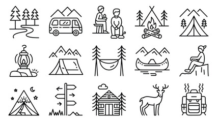 Outline camping icons set adventure outdoor travel elements for nature tourism trip