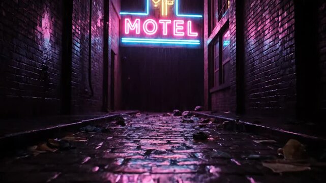Dark wet stone brick street with litter illuminated by neon lights