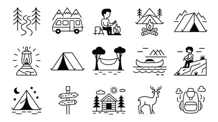 Explore nature camping and outdoor adventure icons for travel and recreational activities