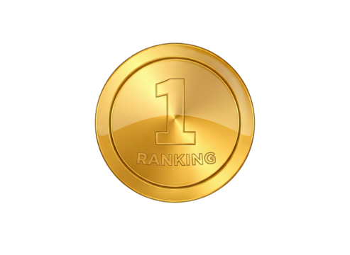 Golden Ranking Medal With Number One And Text Isolated On Black Background With Spotlight Effect