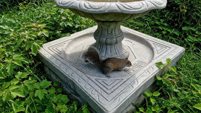 Squirrel perched on a garden fountain in lush greenery setting.