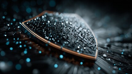 Futuristic digital shield emblem glowing with protection and cybersecurity concepts on dark circuit board background