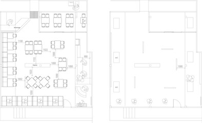 2D Drawing Layout Plan of Two-Story Restaurant Furniture Arrangement with Kitchen &ndash; Ground Floor and Second Floor