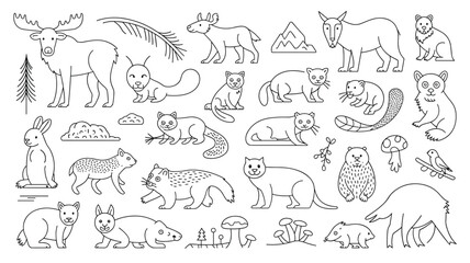 Hand drawn outline woodland creatures wildlife animals doodle sketch line art drawing set for prints