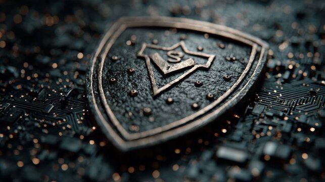 Secure digital shield emblem glows on intricate futuristic circuit board, representing cybersecurity and advanced technology innovation