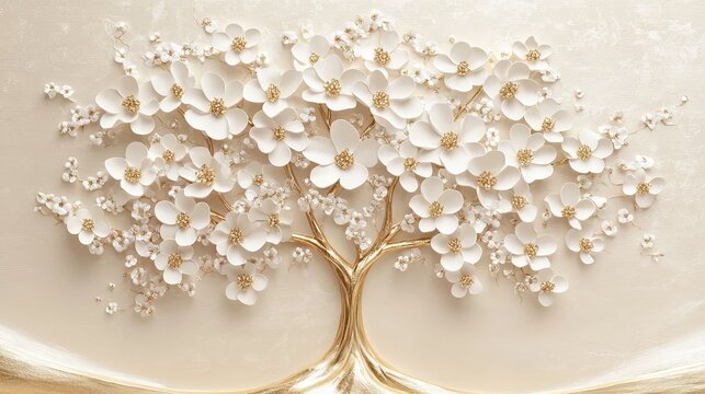 Elegant golden tree blossoming with white and gold flowers, perfect for modern home decor or upscale branding visuals, bringing serenity and nature indoors