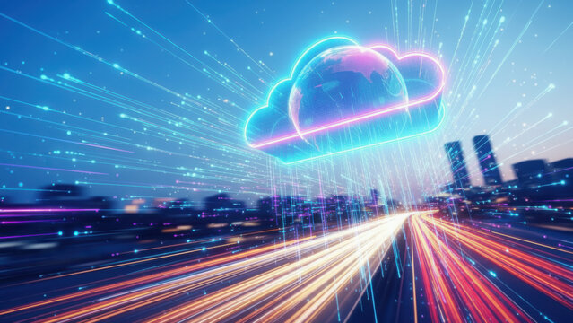 Global cloud computing network sending data to a modern city, high-speed digital connections - Powered by Adobe