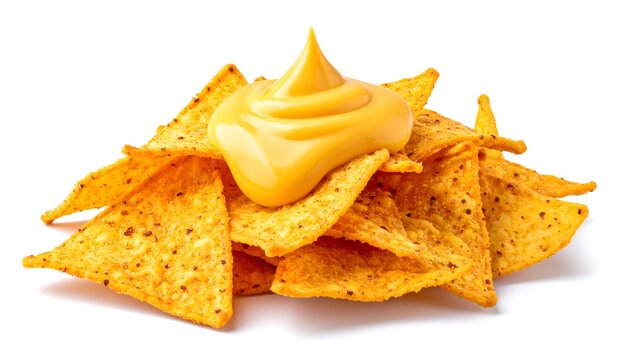 Golden tortilla chips piled high with a creamy, melted cheese sauce drizzle