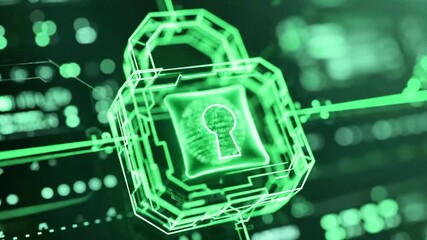 Glowing green sphere with binary code, framed by geometric shapes, against a blurred digital backdrop - Powered by Adobe