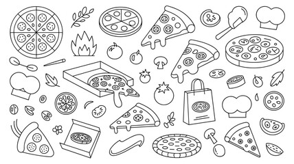 Delicious italian pizza ingredients and cooking elements outline food illustration set art