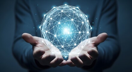 Hands holding glowing digital network sphere