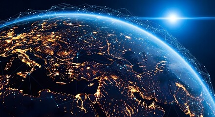 Earth at night illuminated by city lights and a bright star