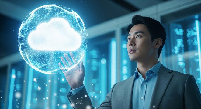Asian businessman interacting with futuristic cloud computing hologram in data center
