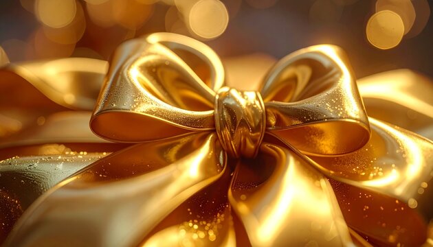 Elegant Golden Bow on Gift Package with Glowing Background