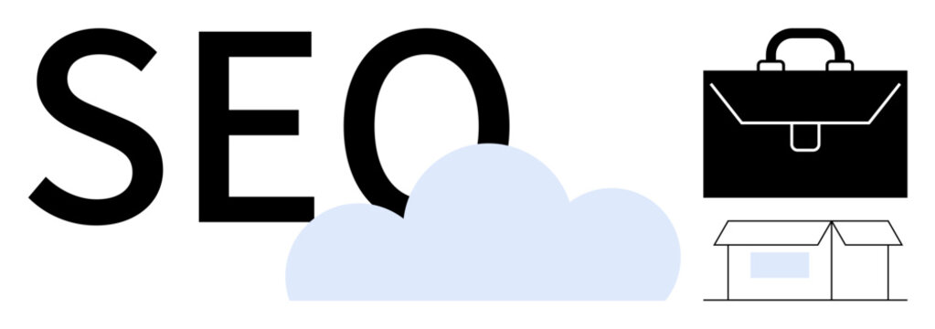 SEO text next to a cloud, briefcase, and storefront outline representing online marketing, business growth, and digital strategies. Ideal for marketing, e-commerce, optimization, branding online
