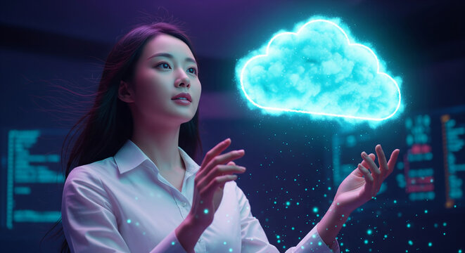Young Asian woman interacting with glowing digital cloud computing hologram