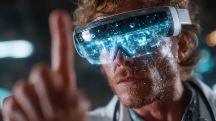Futuristic scientist interacts with holographic data stream using advanced augmented reality headset, exploring digital innovation and future technology concepts.