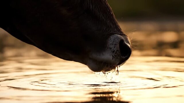 Cow drinking water in a serene river at golden hour light.