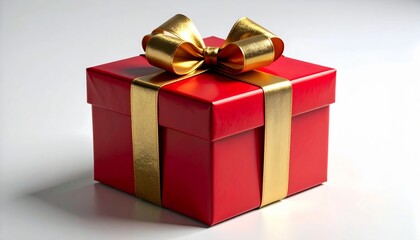 Obraz premium Bright Red Gift Box with Golden Ribbon and Bow on White Surface