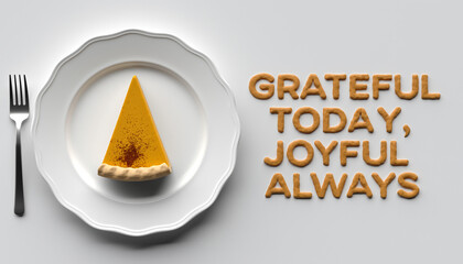 Uplifting 'Grateful Today, Joyful Always' message in cookie letters, alongside a comforting slice of pumpkin pie on a pristine white plate, celebrating gratitude and autumn joy