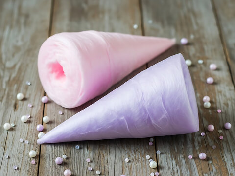 Two cotton candy cones, one pink and one purple, lie on a weathered wooden surface, surrounded by small pearl-like candies. - Powered by Adobe